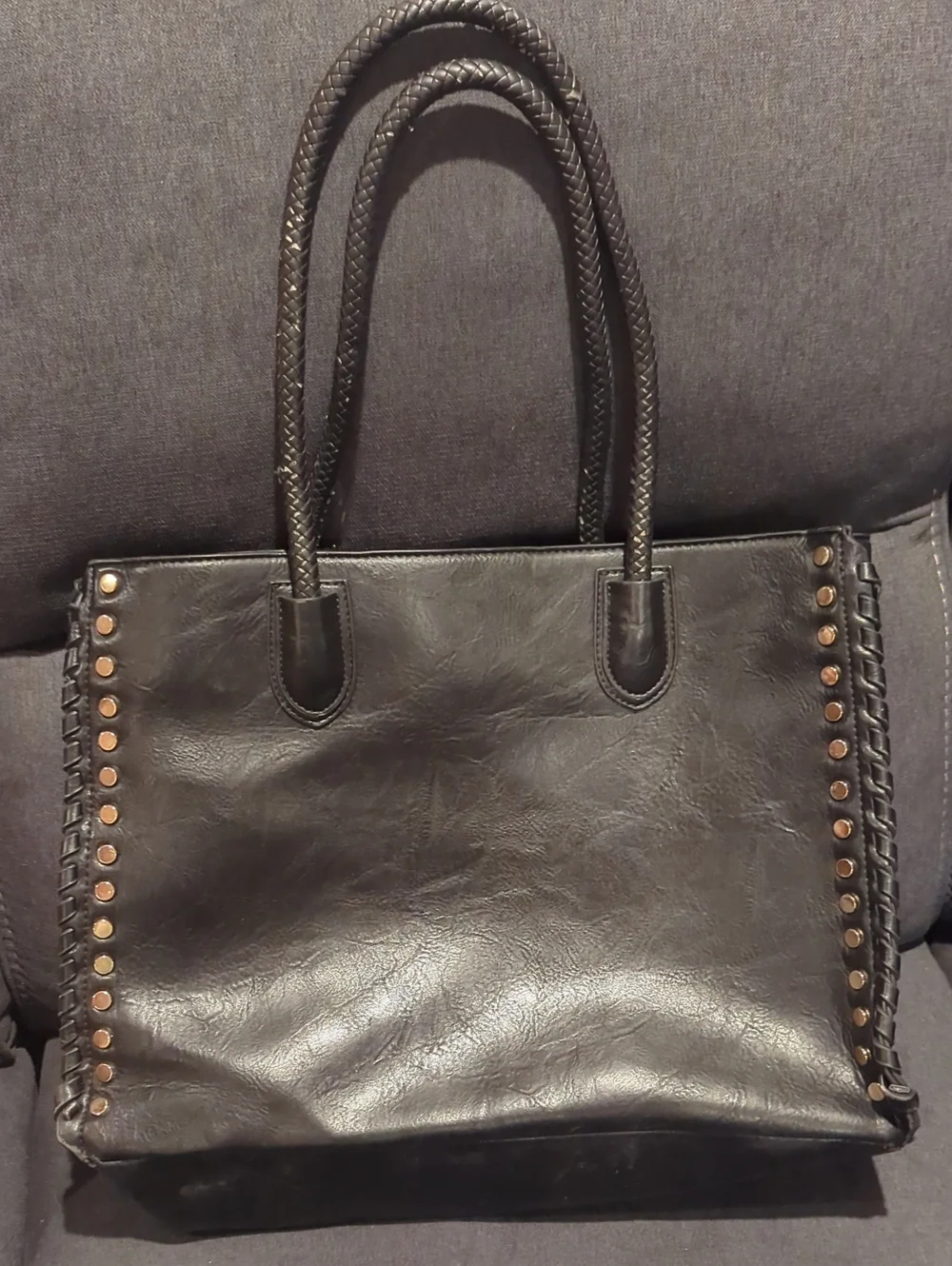 Classic Black Leather Tote Bag with Stud Detailing
